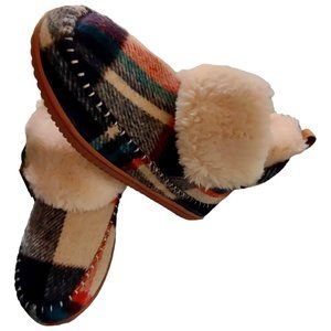 Dearfoams Women's Alpine Moritz Indoor Outdoor Bootie Slipper Nvy Plaid Sz M 7-8